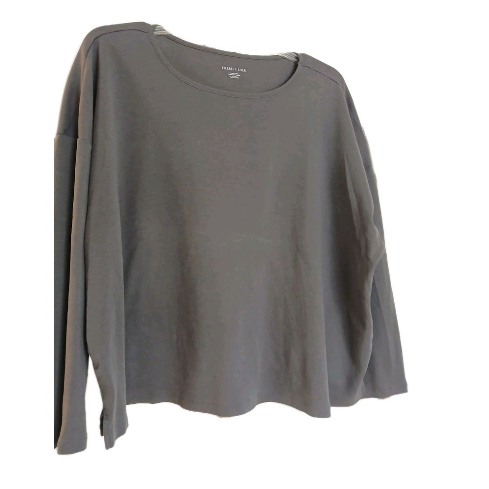 EILEEN FISHER Gray Organic Cotton Stretch Long Sleeve Tee Cropped Boxy Size XXL